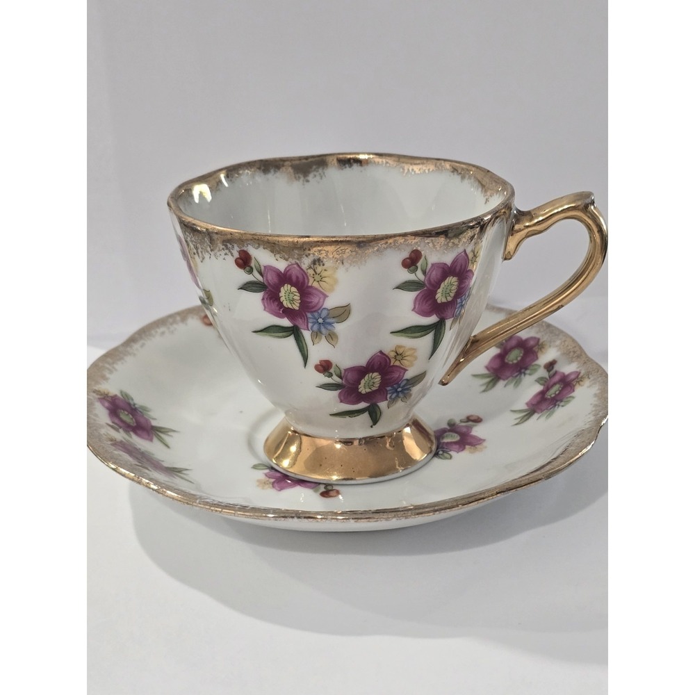 Porcelain Antique Floral Coffee Cup & Saucer Set White Gold Purple Green